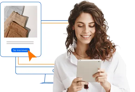 Mulher observando tablet com imagem de uma página de produto com calças ao fundo
