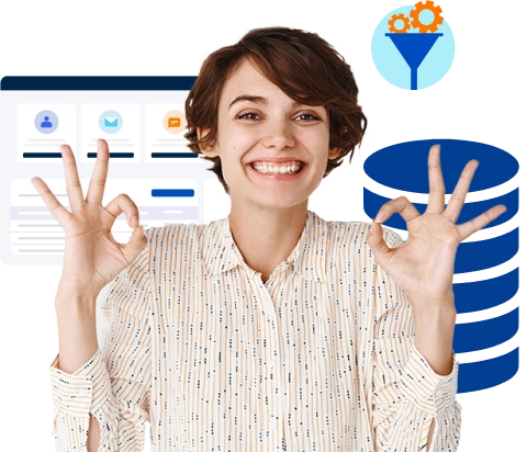 Mulher fazendo sinal de ok com ambas as mãos com janelas de software de conversão ao fundo