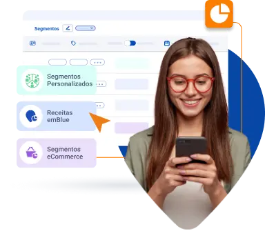 Mulher utilizando celular com janela de software de email marketing ao fundo com ênfase em segmentos, receitas e ecommerce