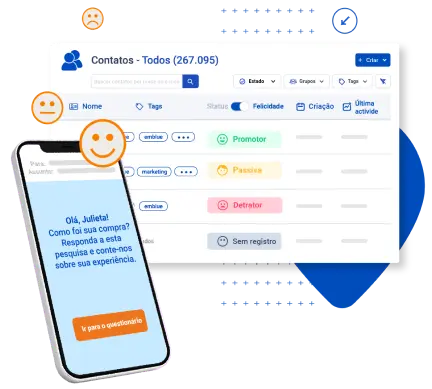 Representação do aplicativo de requisição de feedback com uma janela com exemplos de informações e um celular ao lado