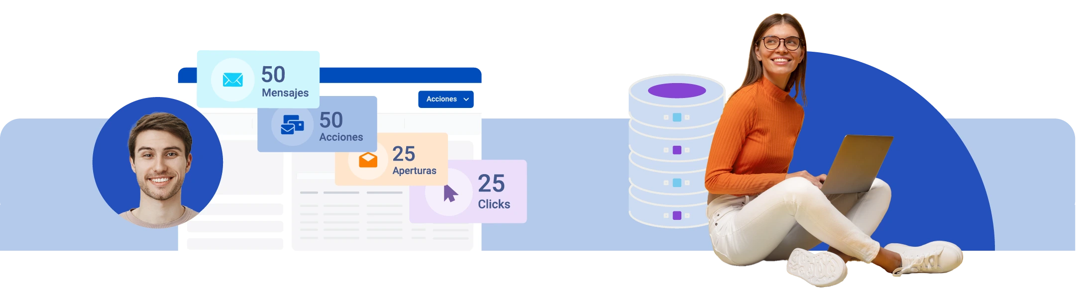 Janela de software de email marketing com rosto de homem à esquerda e mulher sentada com notebook em seu colo à direita